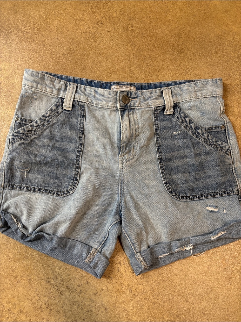 Free People Two-Tone Light and Medium Blue Denim Shorts